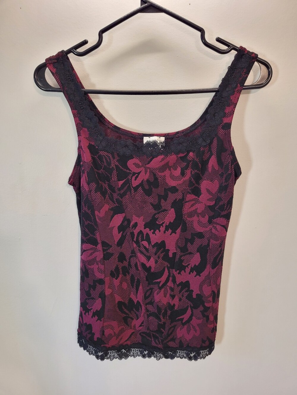 Arianne Lingerie Black and Dark Pink Floral Lace Trim Camisole - Size M